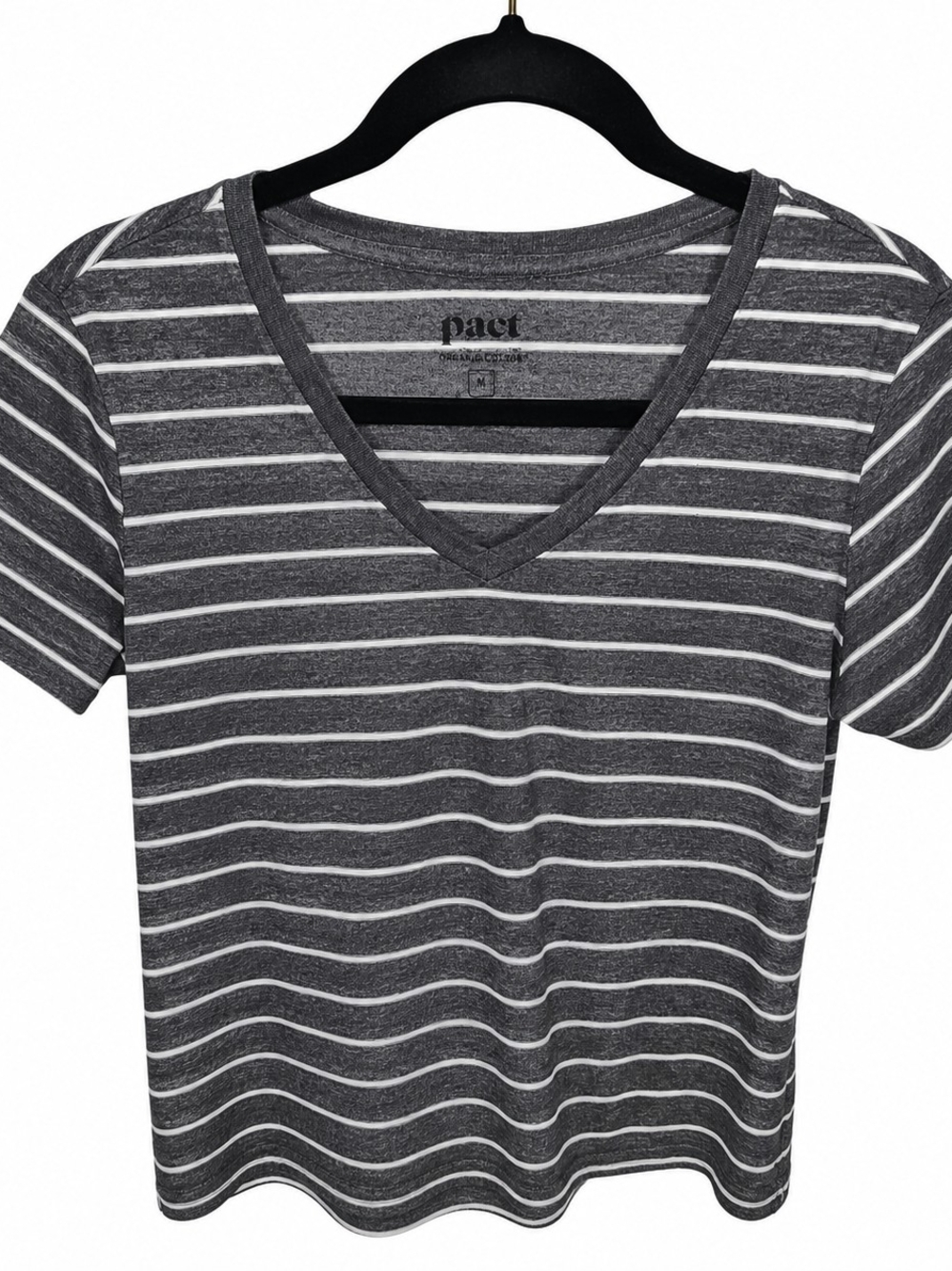 PACT Organic Cotton Gray Striped V Neck Tee Medium